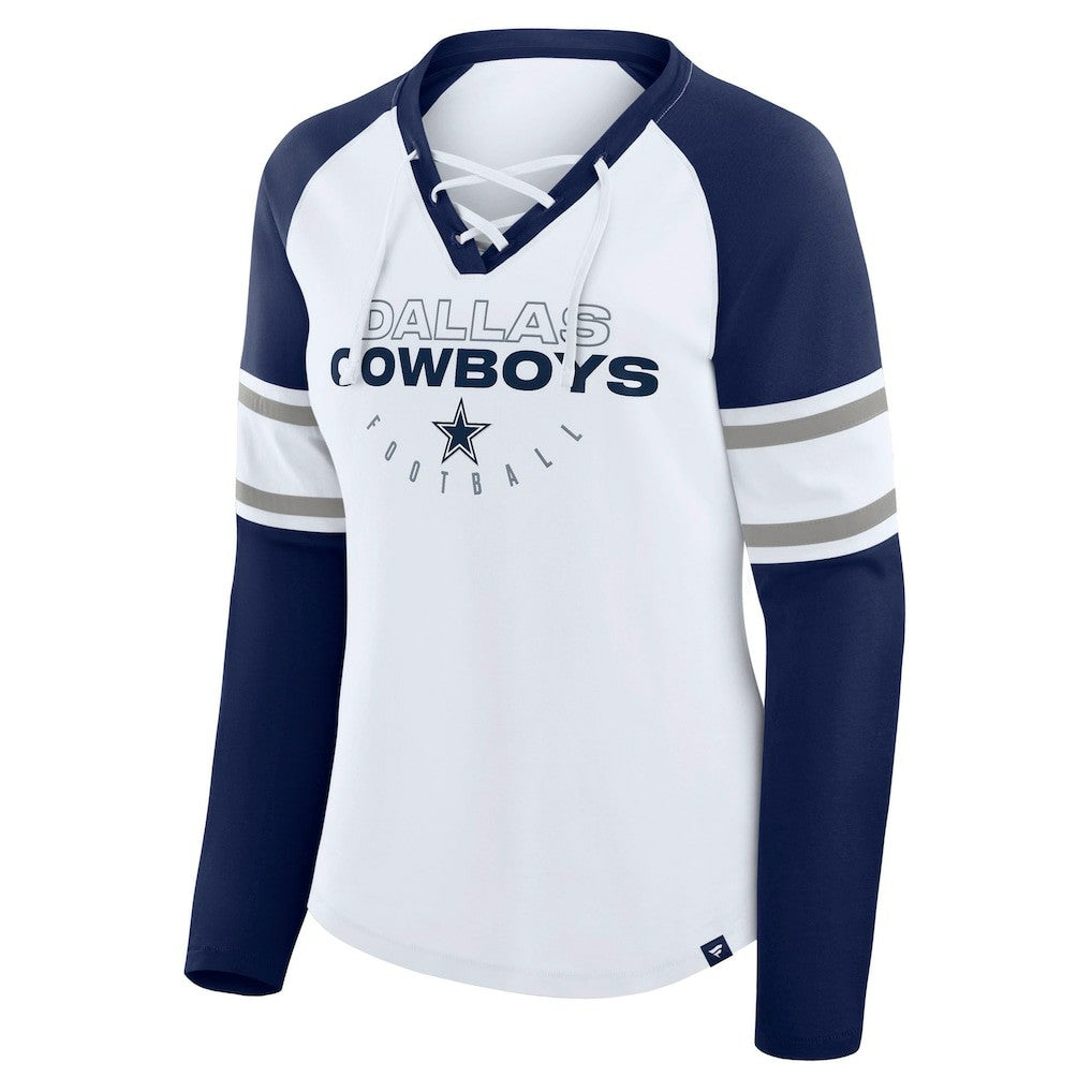 Dallas Cowboys Women's Redzone Blitz Package Raglan Lace-Up V-Neck Long Sleeve T-Shirt White/Navy | Fanatics