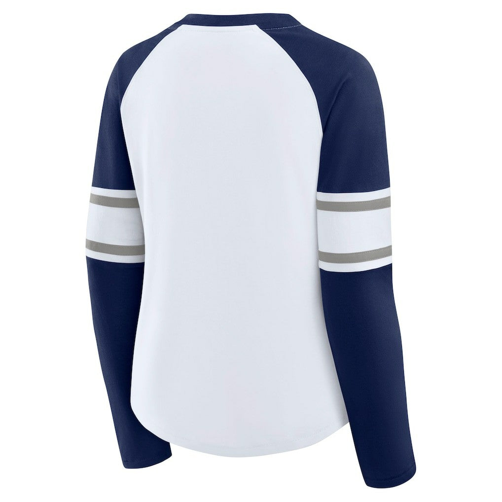 Dallas Cowboys Women's Redzone Blitz Package Raglan Lace-Up V-Neck Long Sleeve T-Shirt White/Navy | Fanatics