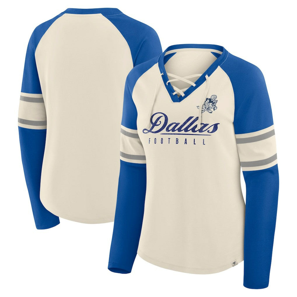 Dallas Cowboys Women's Hometown Gridiron Hero Raglan Lace-Up V-Neck Long Sleeve T-Shirt Cream/Royal | Fanatics