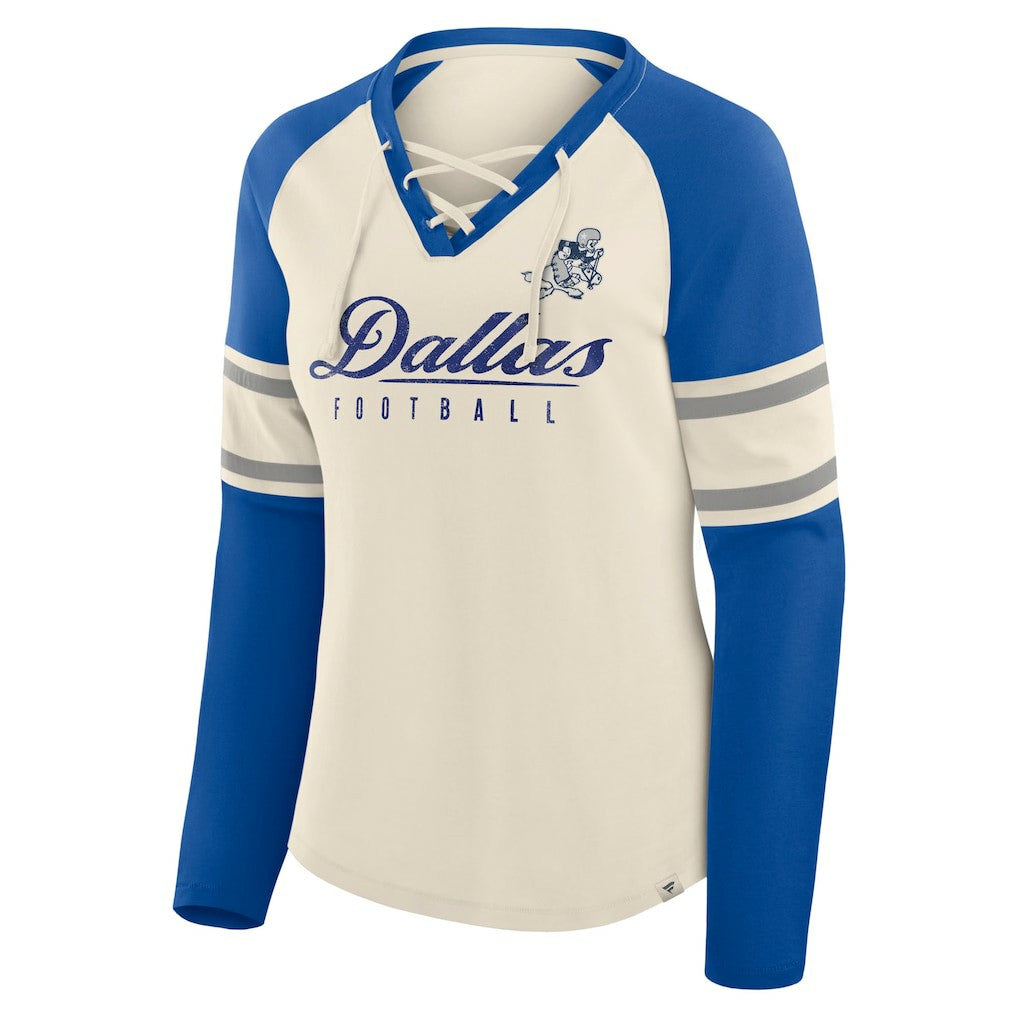 Dallas Cowboys Women's Hometown Gridiron Hero Raglan Lace-Up V-Neck Long Sleeve T-Shirt Cream/Royal | Fanatics