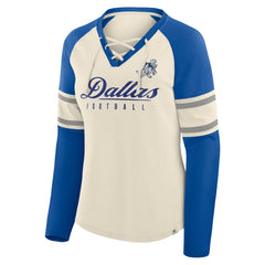 Dallas Cowboys Women's Hometown Gridiron Hero Raglan Lace-Up V-Neck Long Sleeve T-Shirt Cream/Royal | Fanatics