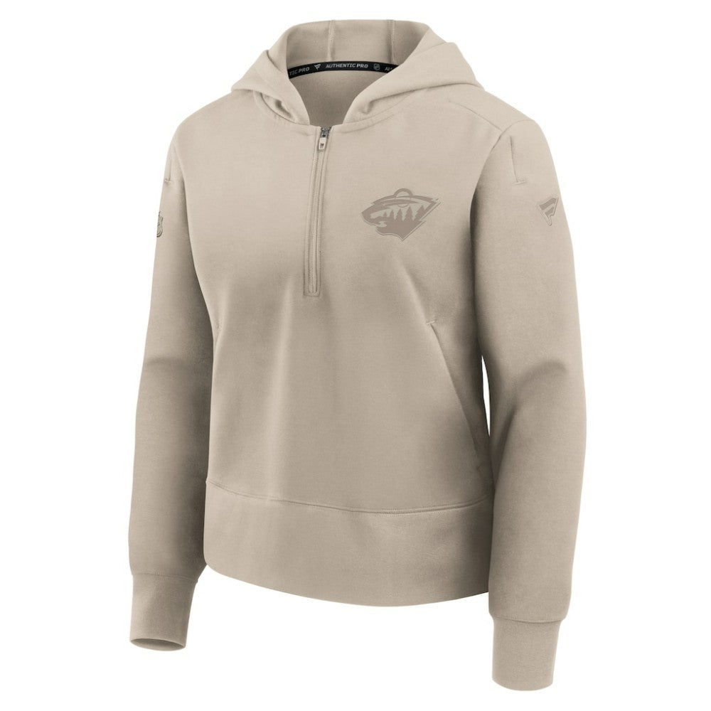 Minnesota Wild Fanatics Women's Authentic Pro Road Tri-Blend Quarter-Zip Hoodie - Tan - NHL