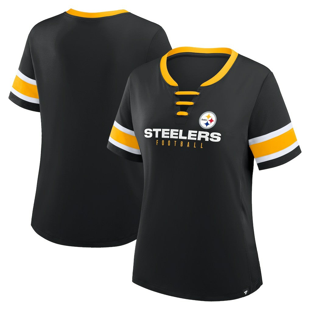 Pittsburgh Steelers Women's Redzone Draw Play Athena Lace-Up T-Shirt Black | Fanatics