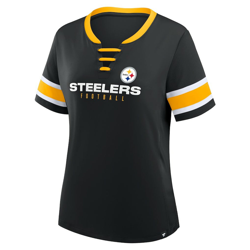 Pittsburgh Steelers Women's Redzone Draw Play Athena Lace-Up T-Shirt Black | Fanatics