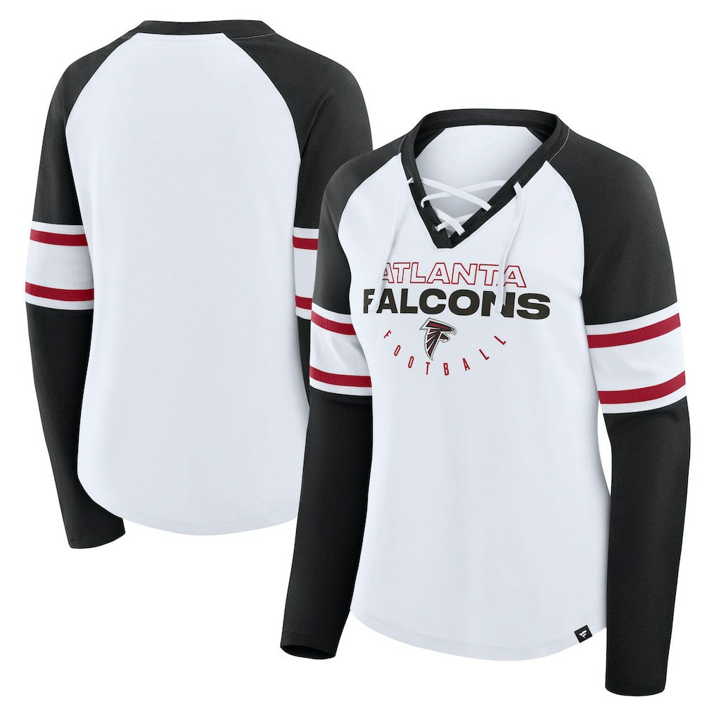 Atlanta Falcons Women's Redzone Blitz Package Raglan Lace-Up V-Neck Long Sleeve T-Shirt White/Black | Fanatics