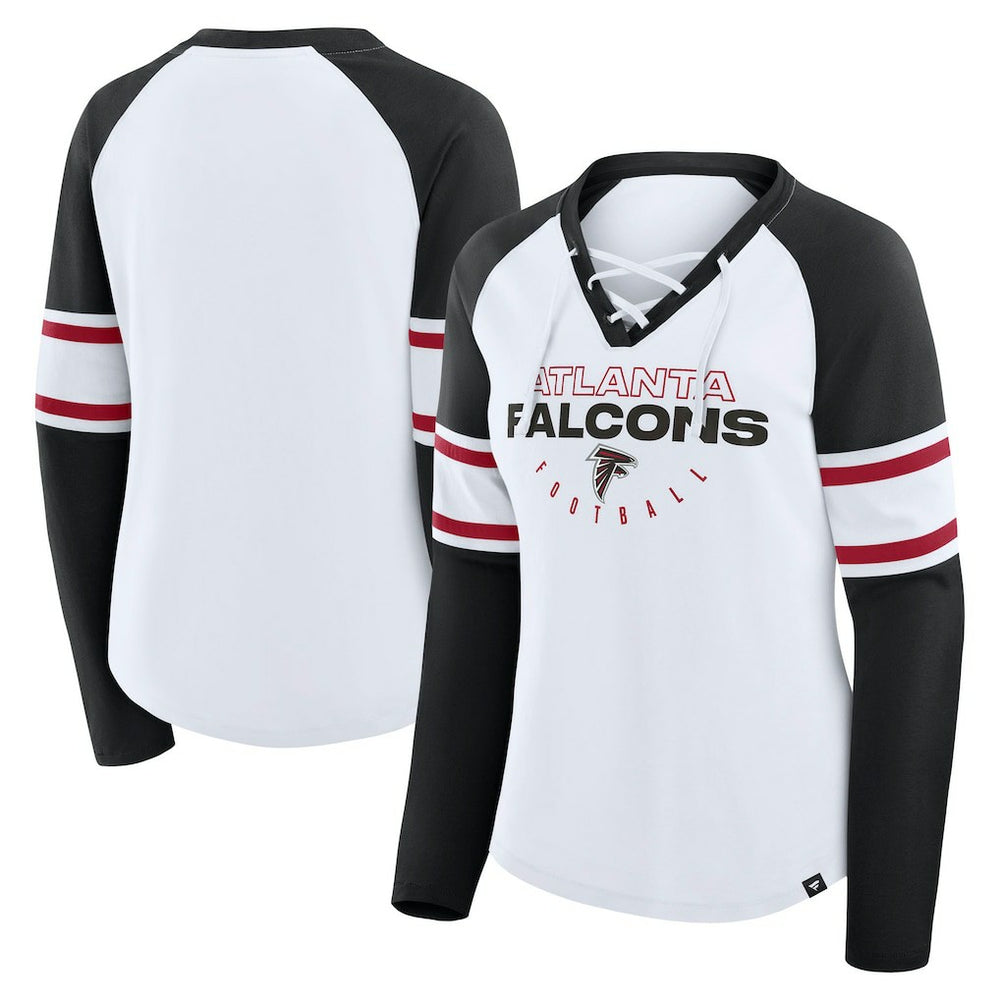 Atlanta Falcons Women's Redzone Blitz Package Raglan Lace-Up V-Neck Long Sleeve T-Shirt White/Black | Fanatics