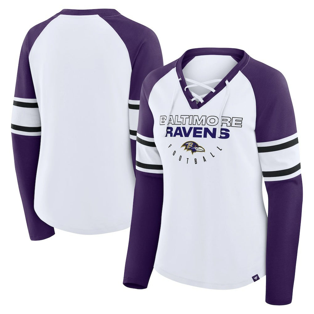 Baltimore Ravens Women's Redzone Blitz Package Raglan Lace-Up V-Neck Long Sleeve T-Shirt White/Purple | Fanatics