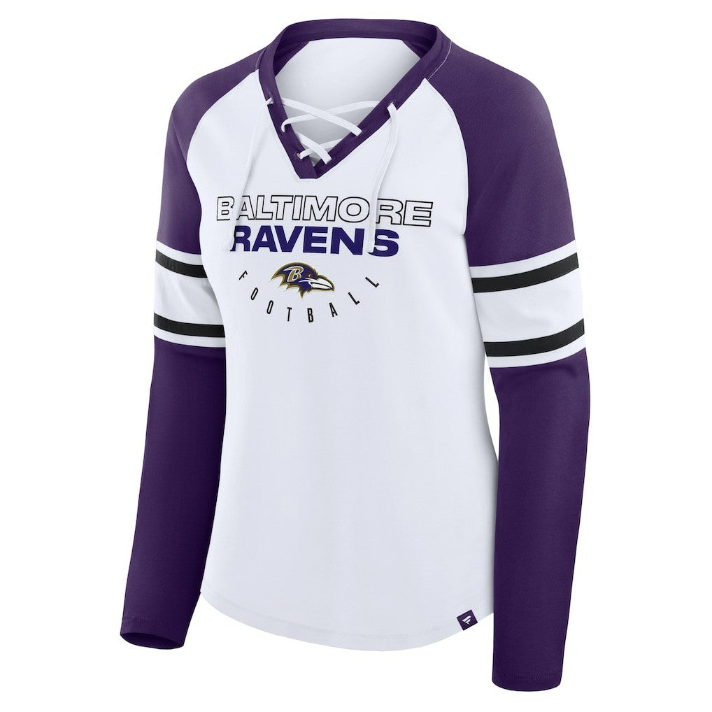 Baltimore Ravens Women's Redzone Blitz Package Raglan Lace-Up V-Neck Long Sleeve T-Shirt White/Purple | Fanatics