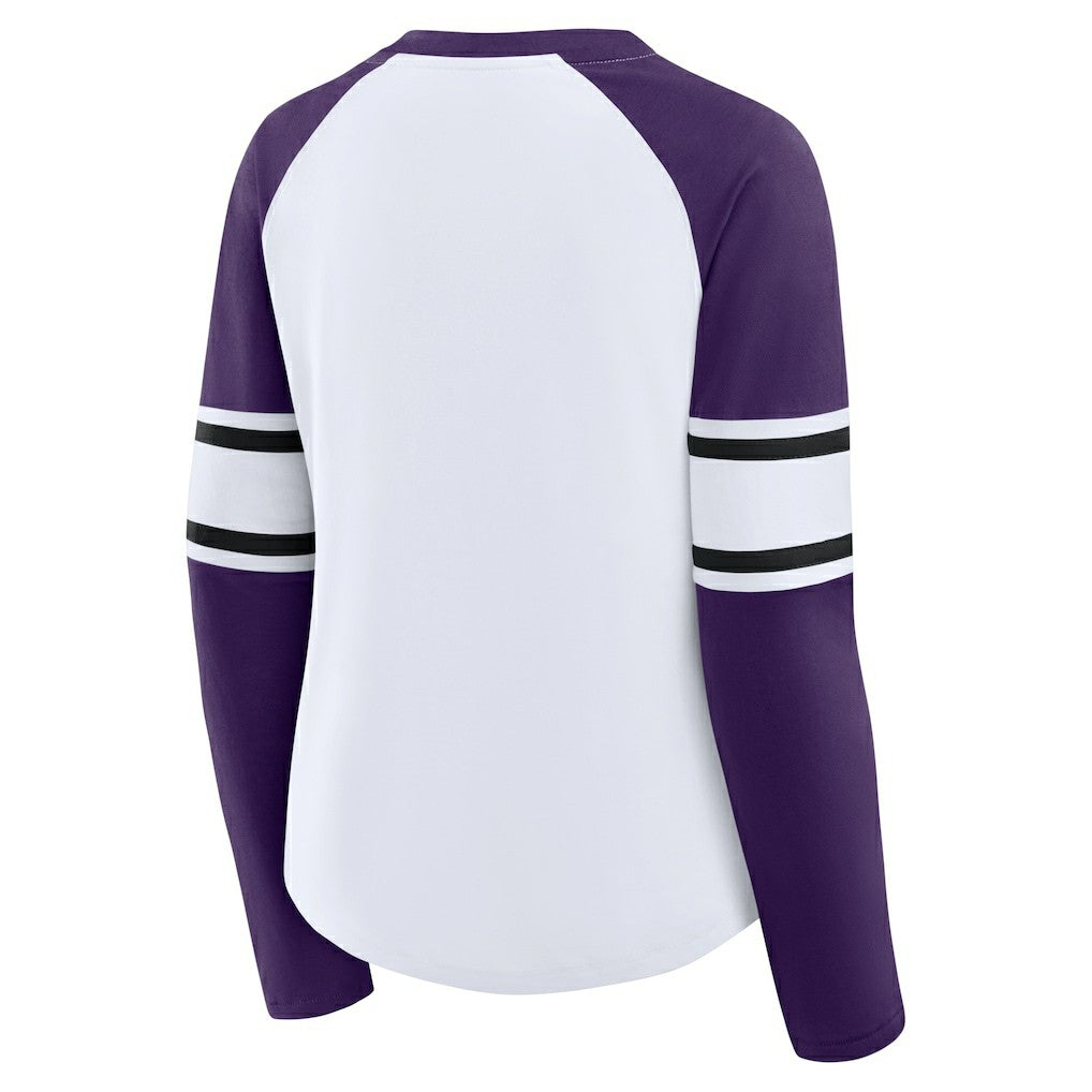Baltimore Ravens Women's Redzone Blitz Package Raglan Lace-Up V-Neck Long Sleeve T-Shirt White/Purple | Fanatics