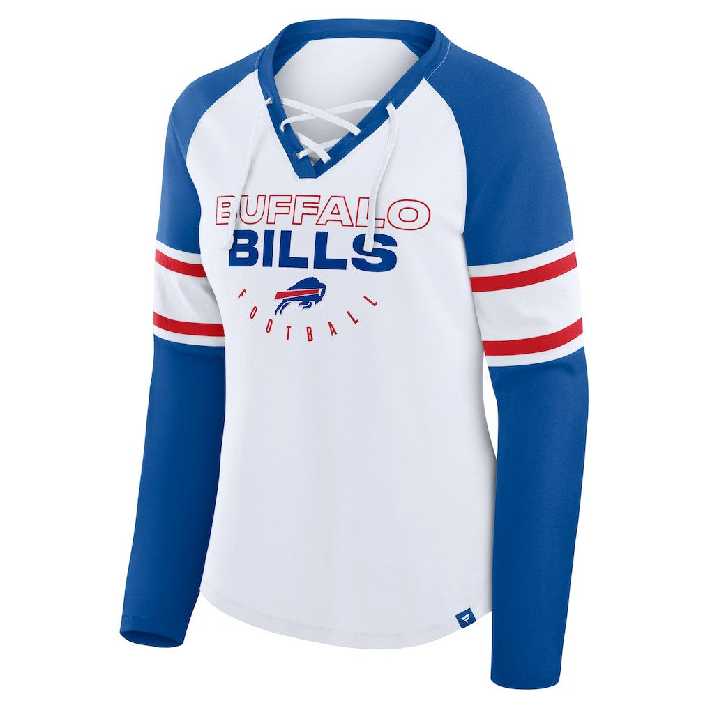 Buffalo Bills Women's Redzone Blitz Package Raglan Lace-Up V-Neck Long Sleeve T-Shirt White/Royal | Fanatics