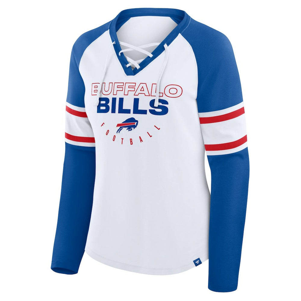 Buffalo Bills Women's Redzone Blitz Package Raglan Lace-Up V-Neck Long Sleeve T-Shirt White/Royal | Fanatics