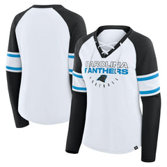 Carolina Panthers Women's Redzone Blitz Package Raglan Lace-Up V-Neck Long Sleeve T-Shirt White/Black | Fanatics