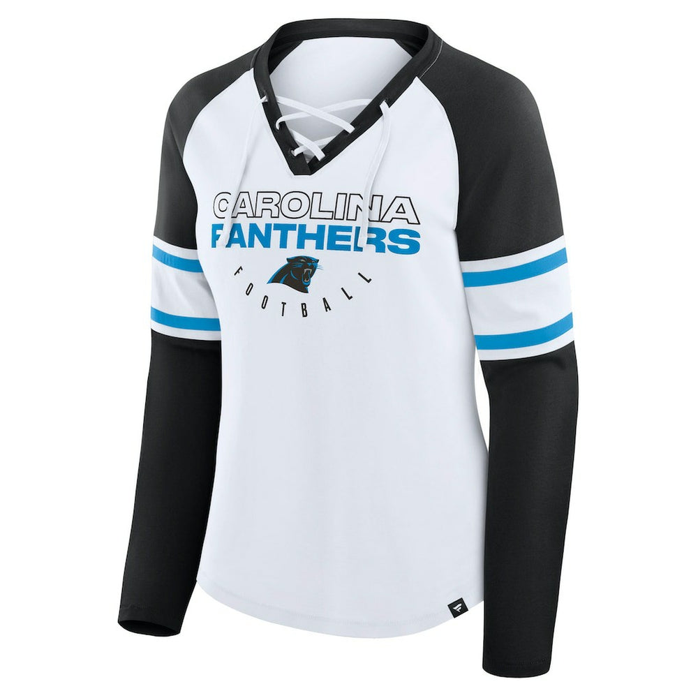 Carolina Panthers Women's Redzone Blitz Package Raglan Lace-Up V-Neck Long Sleeve T-Shirt White/Black | Fanatics