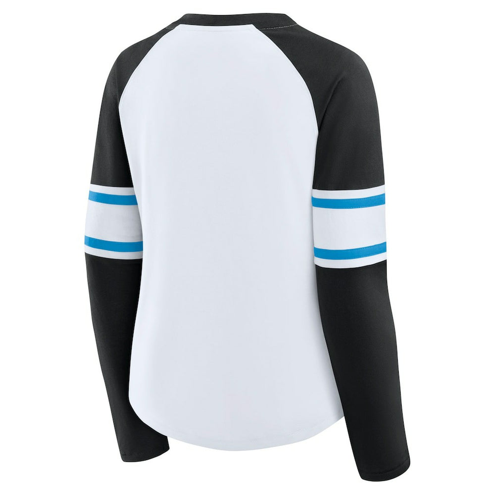 Carolina Panthers Women's Redzone Blitz Package Raglan Lace-Up V-Neck Long Sleeve T-Shirt White/Black | Fanatics