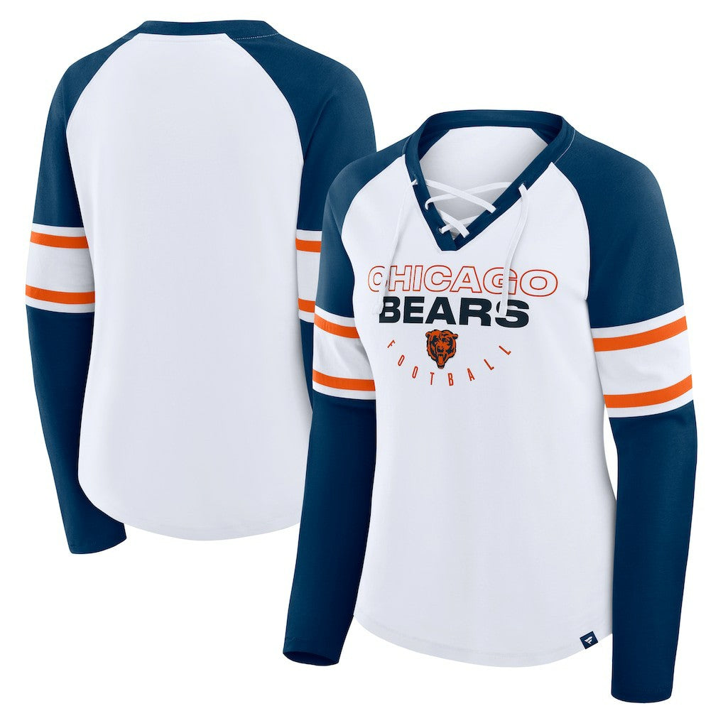 Chicago Bears Women's Redzone Blitz Package Raglan Lace-Up V-Neck Long Sleeve T-Shirt White/Navy | Fanatics