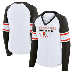 Cleveland Browns Women's Redzone Blitz Package Raglan Lace-Up V-Neck Long Sleeve T-Shirt White/Brown | Fanatics