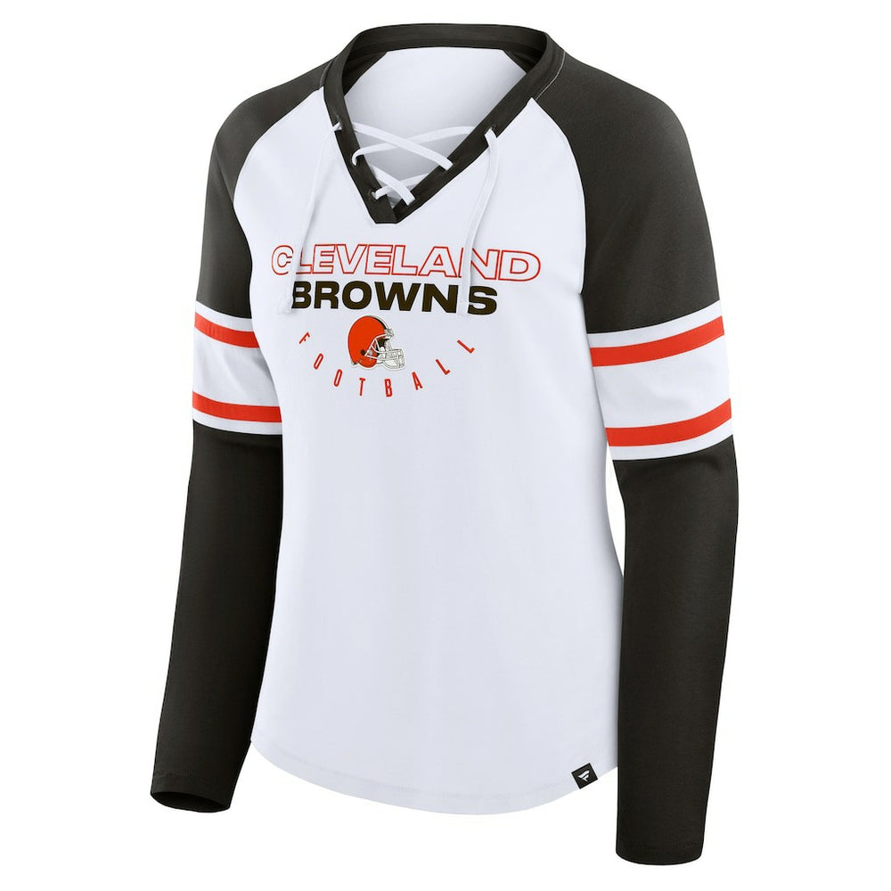 Cleveland Browns Women's Redzone Blitz Package Raglan Lace-Up V-Neck Long Sleeve T-Shirt White/Brown | Fanatics