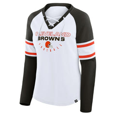 Cleveland Browns Women's Redzone Blitz Package Raglan Lace-Up V-Neck Long Sleeve T-Shirt White/Brown | Fanatics