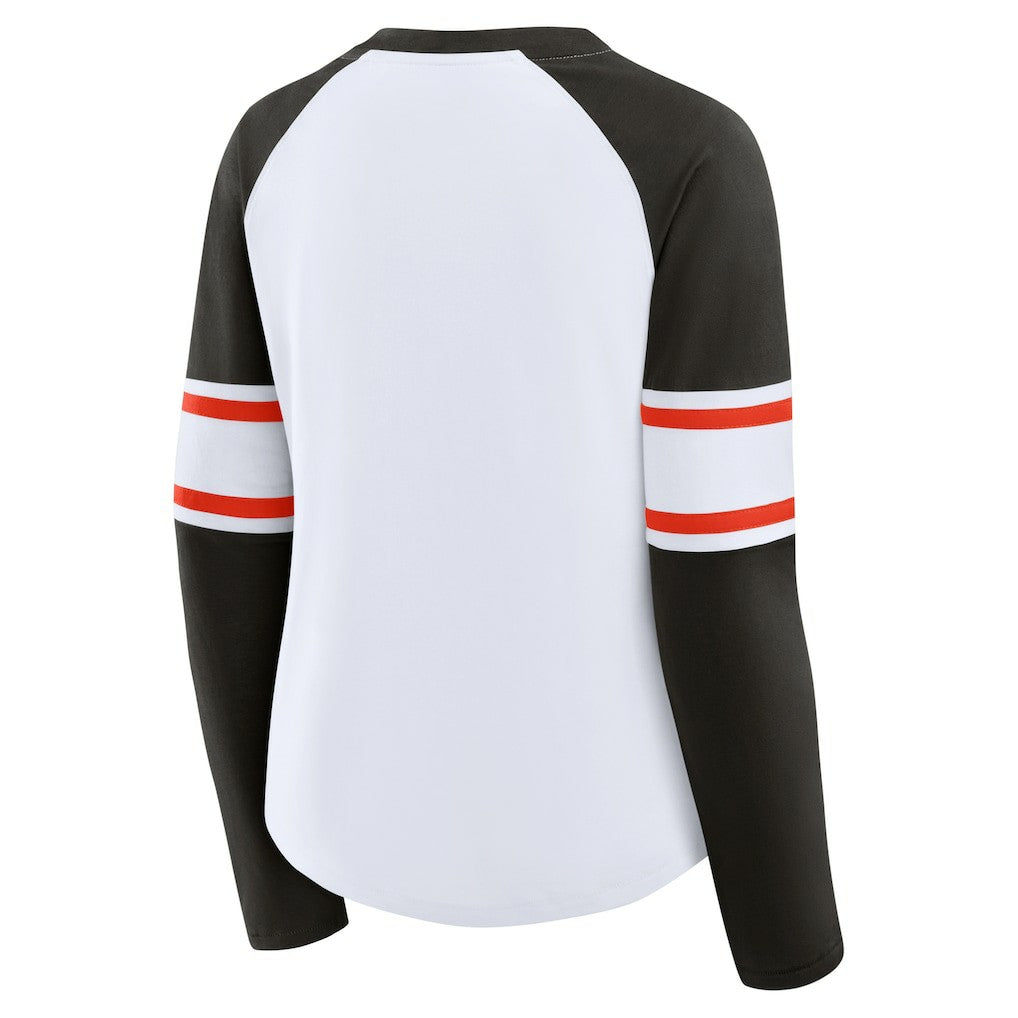 Cleveland Browns Women's Redzone Blitz Package Raglan Lace-Up V-Neck Long Sleeve T-Shirt White/Brown | Fanatics