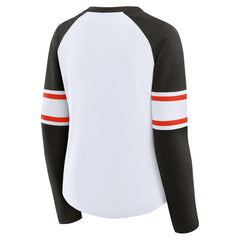 Cleveland Browns Women's Redzone Blitz Package Raglan Lace-Up V-Neck Long Sleeve T-Shirt White/Brown | Fanatics