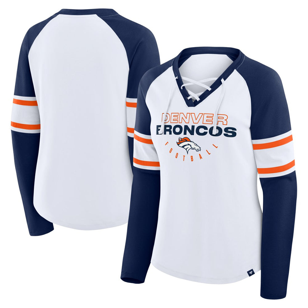Denver Broncos Women's Redzone Blitz Package Raglan Lace-Up V-Neck Long Sleeve T-Shirt White/Navy | Fanatics