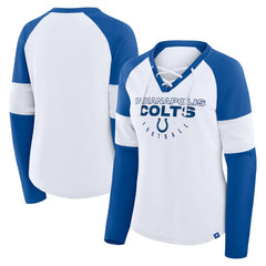Indianapolis Colts Women's Redzone Blitz Package Raglan Lace-Up V-Neck Long Sleeve T-Shirt White/Royal | Fanatics