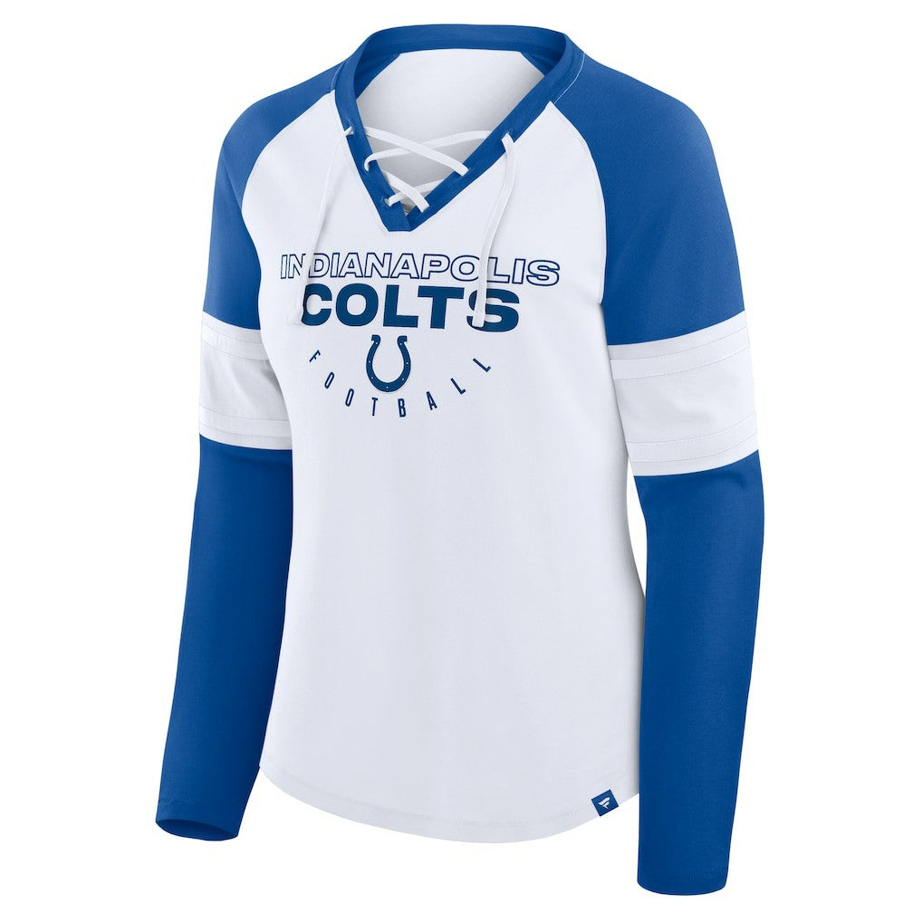 Indianapolis Colts Women's Redzone Blitz Package Raglan Lace-Up V-Neck Long Sleeve T-Shirt White/Royal | Fanatics