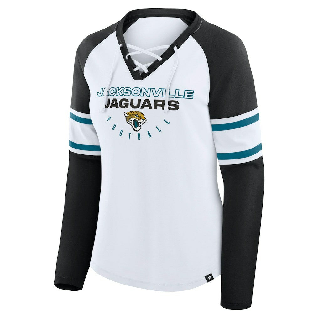 Jacksonville Jaguars Women's Redzone Blitz Package Raglan Lace-Up V-Neck Long Sleeve T-Shirt White/Black | Fanatics