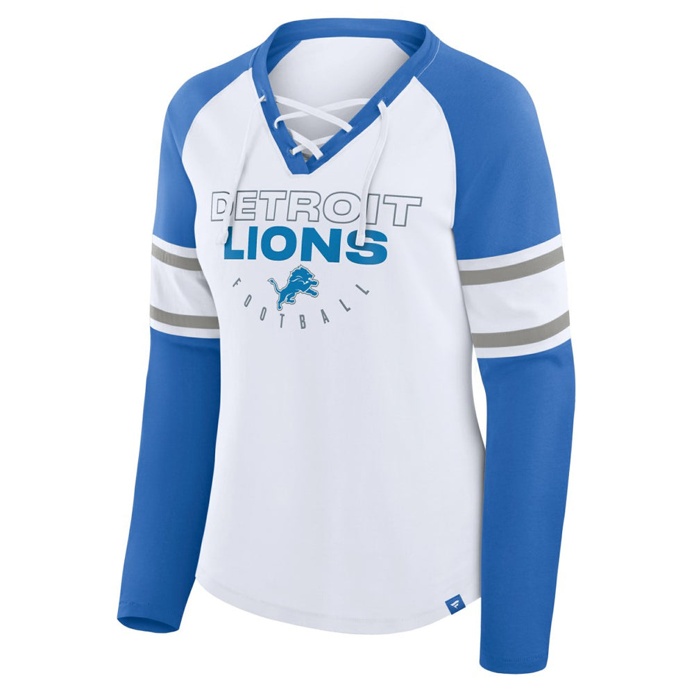 Detroit Lions Women's Redzone Blitz Package Raglan Lace-Up V-Neck Long Sleeve T-Shirt White/Blue | Fanatics
