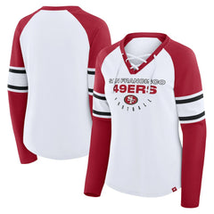 San Francisco 49ers Women's Redzone Blitz Package Raglan Lace-Up V-Neck Long Sleeve T-Shirt White/Scarlet | Fanatics