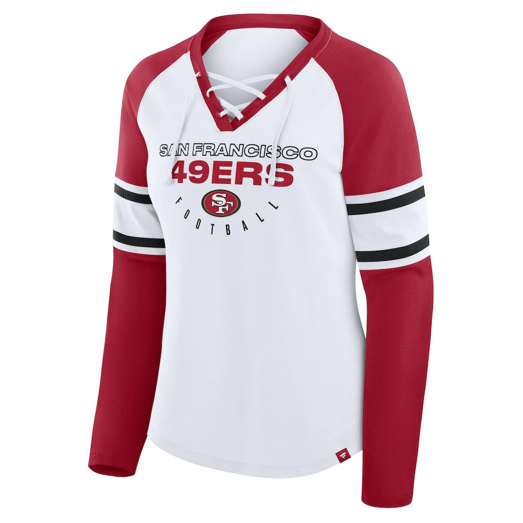 San Francisco 49ers Women's Redzone Blitz Package Raglan Lace-Up V-Neck Long Sleeve T-Shirt White/Scarlet | Fanatics