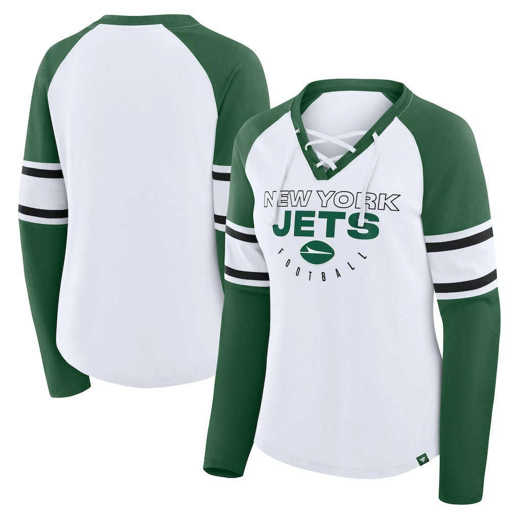 New York Jets Women's Redzone Blitz Package Raglan Lace-Up V-Neck Long Sleeve T-Shirt White/Green | Fanatics