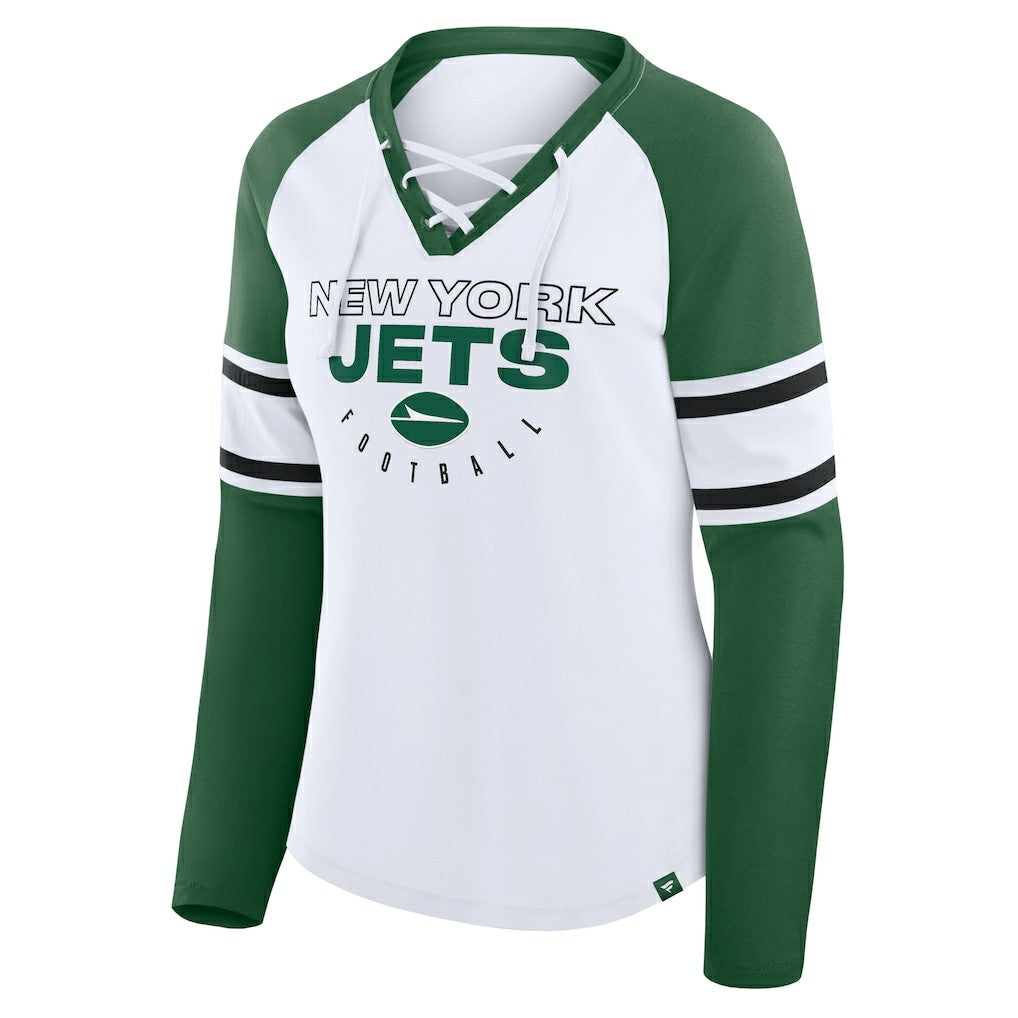 New York Jets Women's Redzone Blitz Package Raglan Lace-Up V-Neck Long Sleeve T-Shirt White/Green | Fanatics