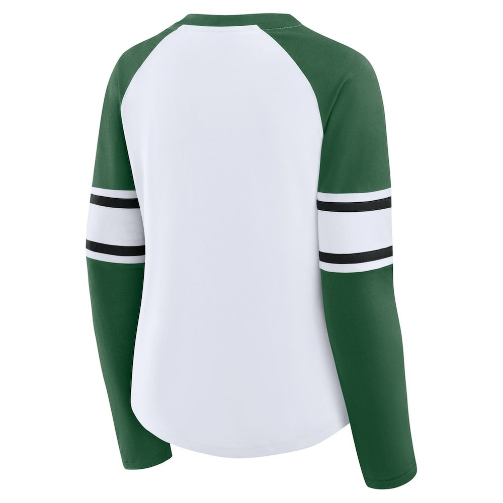 New York Jets Women's Redzone Blitz Package Raglan Lace-Up V-Neck Long Sleeve T-Shirt White/Green | Fanatics