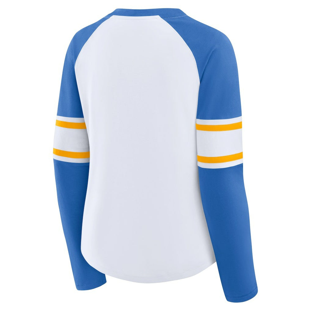 Los Angeles Chargers Women's Redzone Blitz Package Raglan Lace-Up V-Neck Long Sleeve T-Shirt White/Powder Blue | Fanatics