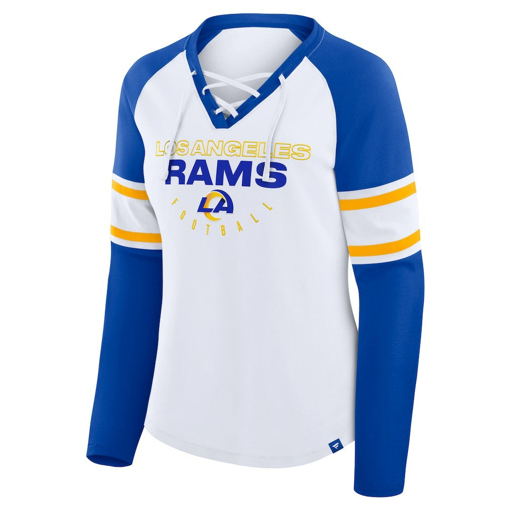 Los Angeles Rams Women's Redzone Blitz Package Raglan Lace-Up V-Neck Long Sleeve T-Shirt White/Royal | Fanatics