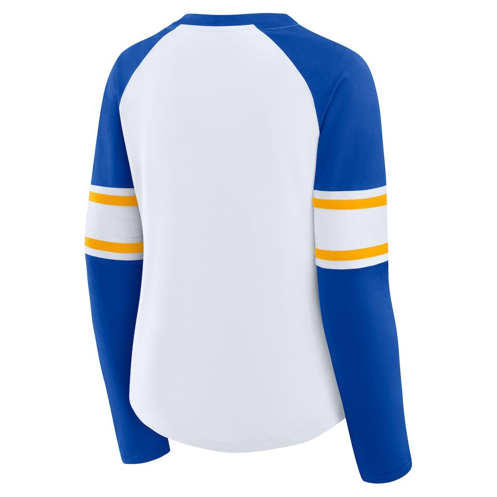 Los Angeles Rams Women's Redzone Blitz Package Raglan Lace-Up V-Neck Long Sleeve T-Shirt White/Royal | Fanatics