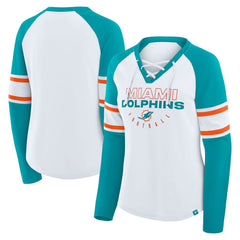 Miami Dolphins Women's Redzone Blitz Package Raglan Lace-Up V-Neck Long Sleeve T-Shirt White/Aqua | Fanatics