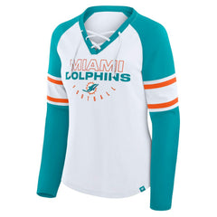 Miami Dolphins Women's Redzone Blitz Package Raglan Lace-Up V-Neck Long Sleeve T-Shirt White/Aqua | Fanatics