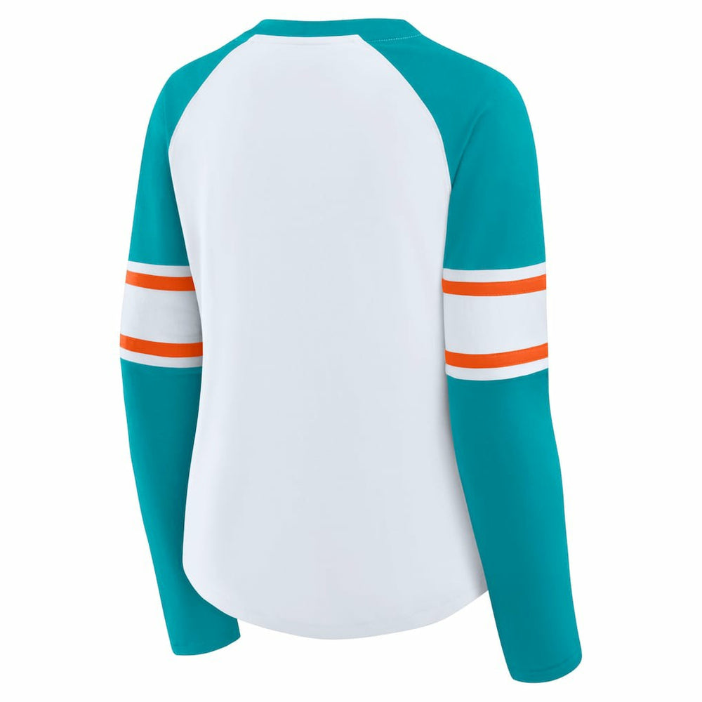 Miami Dolphins Women's Redzone Blitz Package Raglan Lace-Up V-Neck Long Sleeve T-Shirt White/Aqua | Fanatics