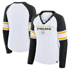 Pittsburgh Steelers Women's Redzone Blitz Package Raglan Lace-Up V-Neck Long Sleeve T-Shirt White/Black | Fanatics
