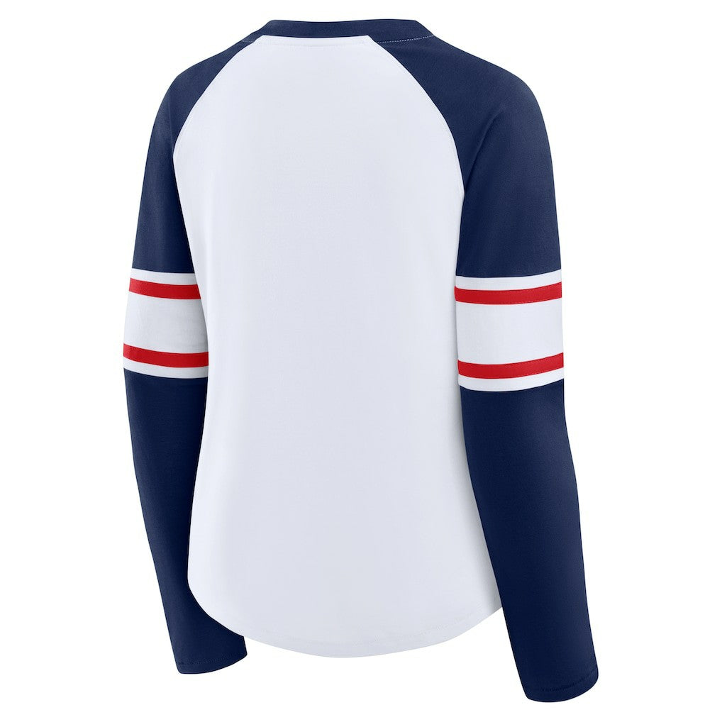 New England Patriots Women's Redzone Blitz Package Raglan Lace-Up V-Neck Long Sleeve T-Shirt White/Navy | Fanatics