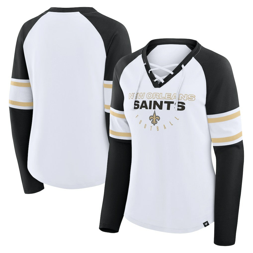 New Orleans Saints Women's Redzone Blitz Package Raglan Lace-Up V-Neck Long Sleeve T-Shirt White/Black | Fanatics