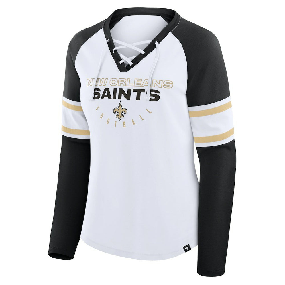 New Orleans Saints Women's Redzone Blitz Package Raglan Lace-Up V-Neck Long Sleeve T-Shirt White/Black | Fanatics