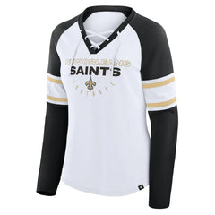 New Orleans Saints Women's Redzone Blitz Package Raglan Lace-Up V-Neck Long Sleeve T-Shirt White/Black | Fanatics