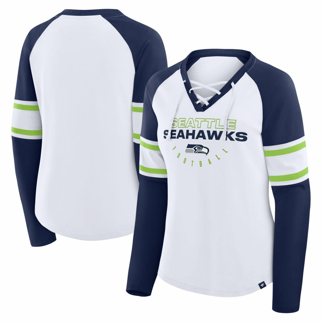 Seattle Seahawks Women's Redzone Blitz Package Raglan Lace-Up V-Neck Long Sleeve T-Shirt White/College Navy | Fanatics