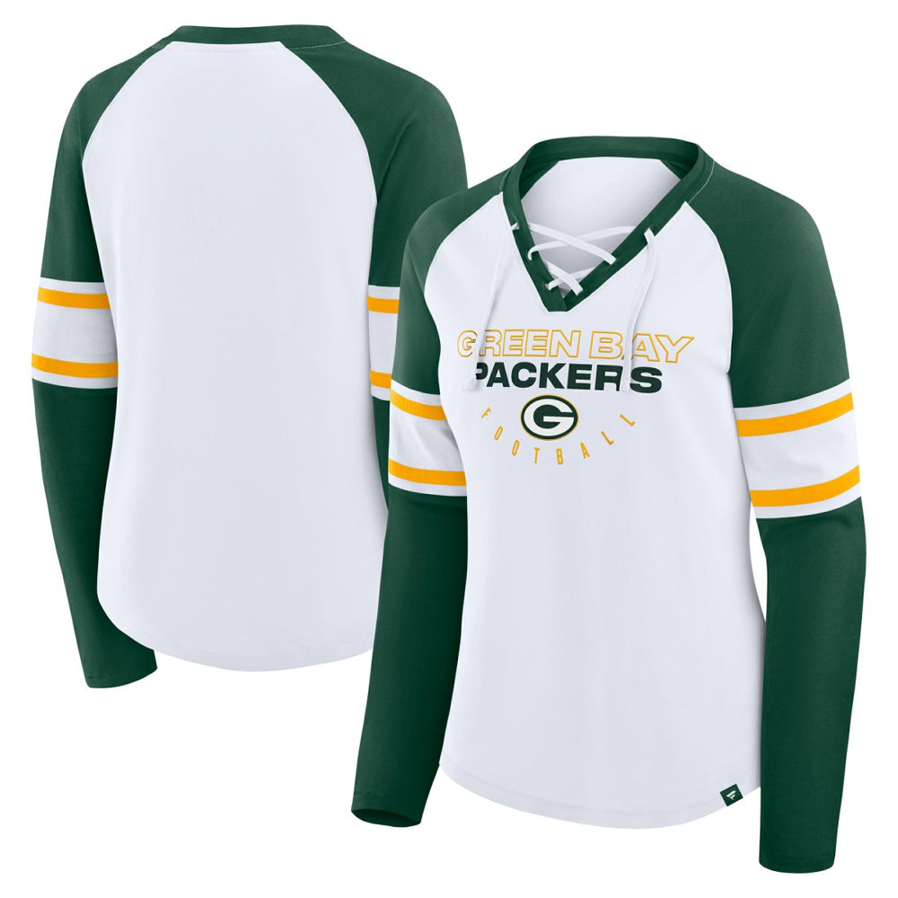 Green Bay Packers Women's Redzone Blitz Package Raglan Lace-Up V-Neck Long Sleeve T-Shirt White/Green | Fanatics