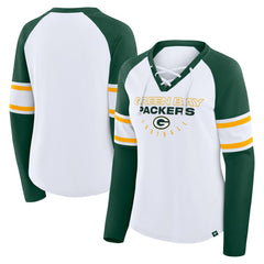Green Bay Packers Women's Redzone Blitz Package Raglan Lace-Up V-Neck Long Sleeve T-Shirt White/Green | Fanatics