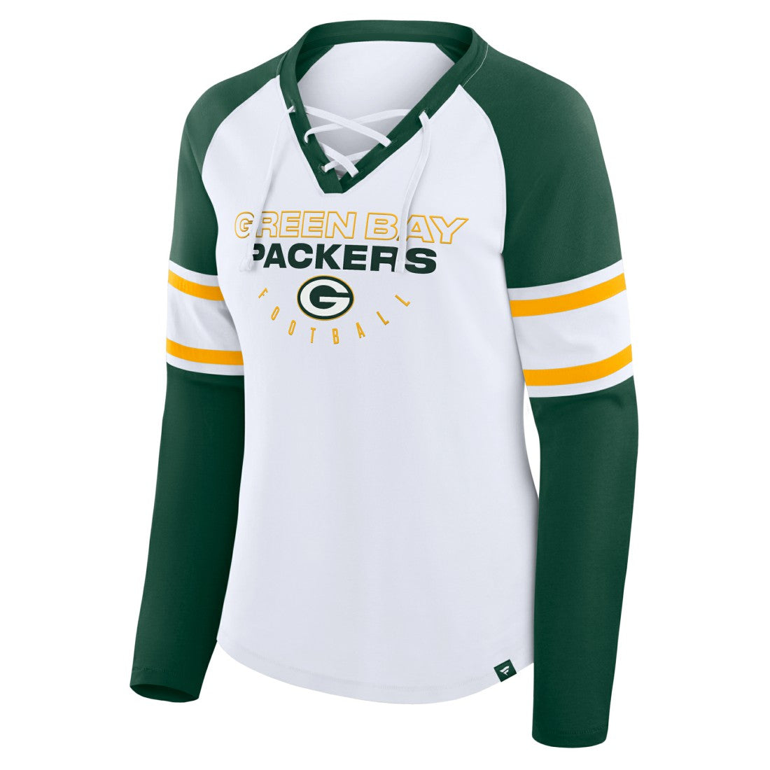 Green Bay Packers Women's Redzone Blitz Package Raglan Lace-Up V-Neck Long Sleeve T-Shirt White/Green | Fanatics