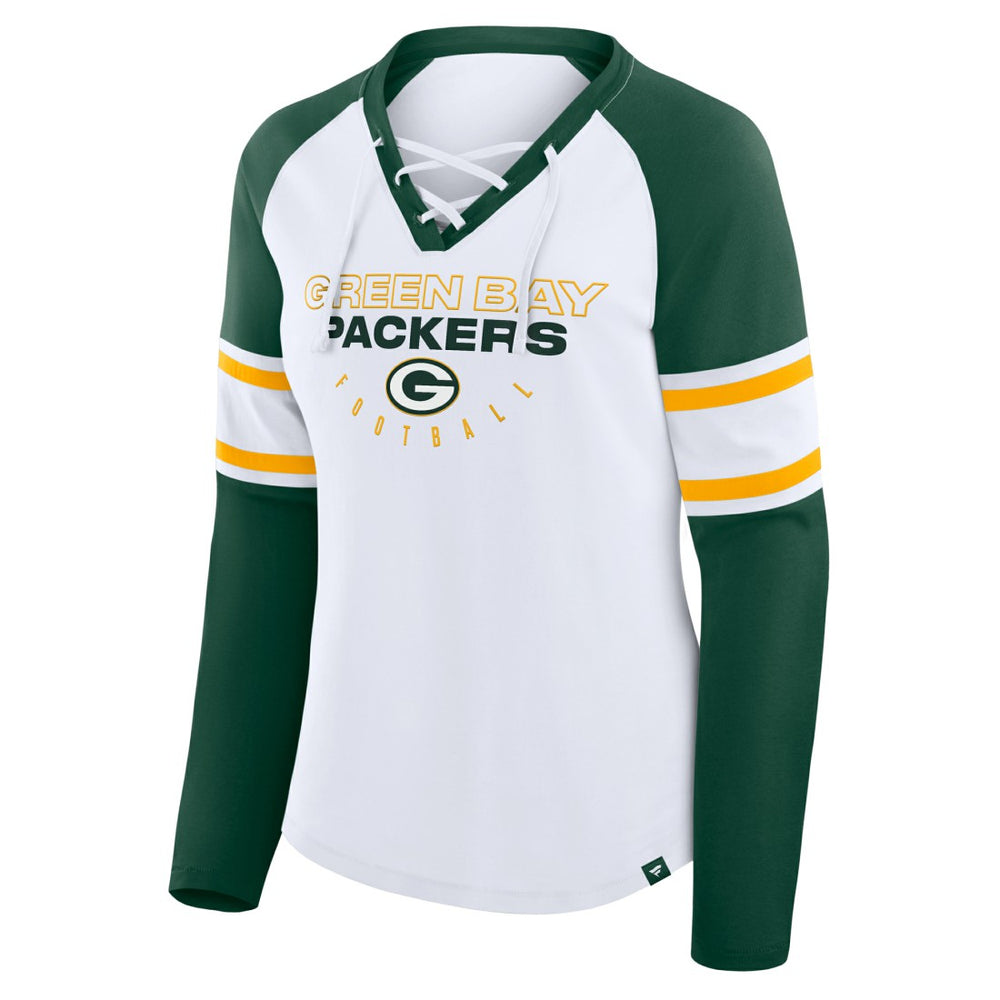 Green Bay Packers Women's Redzone Blitz Package Raglan Lace-Up V-Neck Long Sleeve T-Shirt White/Green | Fanatics